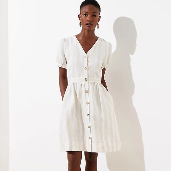Loft Striped Puff Sleeve Pocket Shirtdress Size 2 Linen Blend Cream - Picture 1 of 15